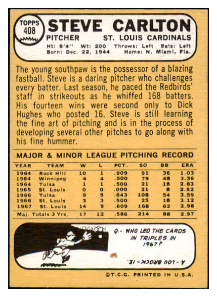 1968 Topps Baseball #408 Steve Carlton Cardinals NR-MT 473642 Kit Young Cards