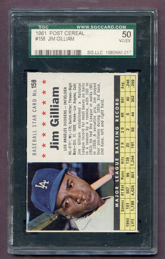 1961 Post Baseball #158 Jim Gilliam Dodgers SGC 50 VG-EX 473966