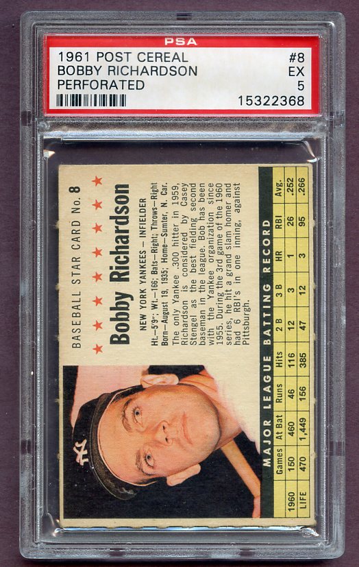 1961 Post Baseball #008 Bobby Richardson Yankees PSA 5 EX 474937