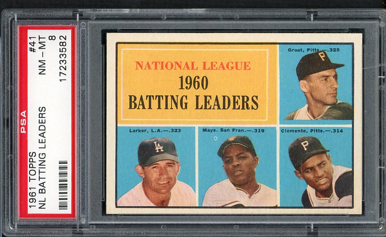 1961 Topps Baseball #041 N.L. Batting Leaders Mays Clemente PSA 8 NM/MT crack 475312