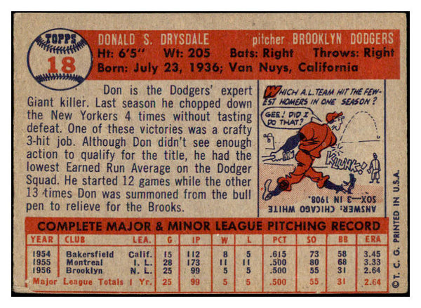 1957 Topps Baseball #018 Don Drysdale Dodgers GD-VG 475381