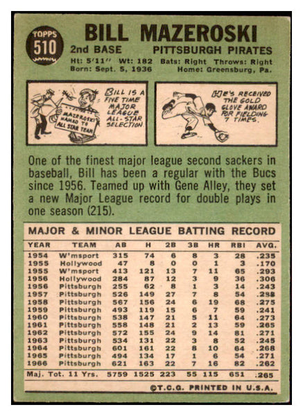1967 Topps Baseball #510 Bill Mazeroski Pirates EX+/EX-MT 475553