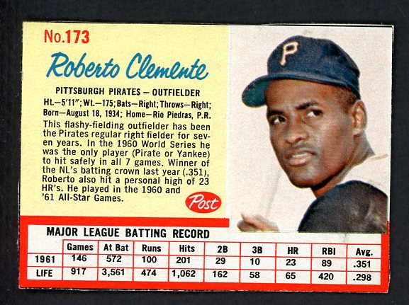 1962 Post Baseball #173 Roberto Clemente Pirates VG-EX 475837