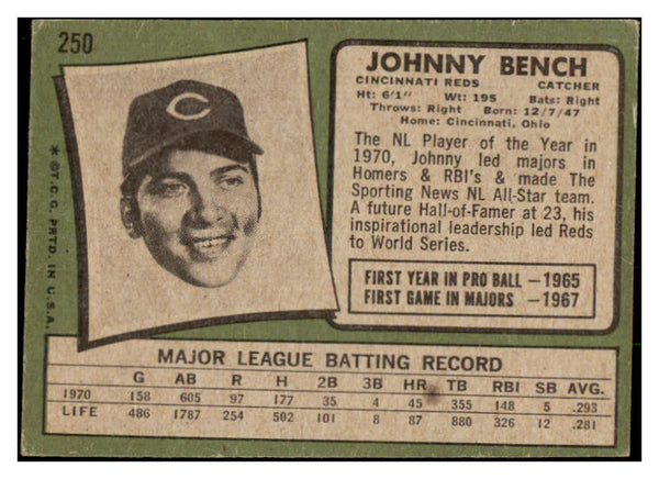 1971 Topps Baseball #250 Johnny Bench Reds VG/VG-EX 475919