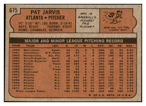 1972 Topps Baseball #675 Pat Jarvis Braves EX-MT 476816