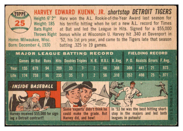 1954 Topps Baseball #025 Harvey Kuenn Tigers EX 477170