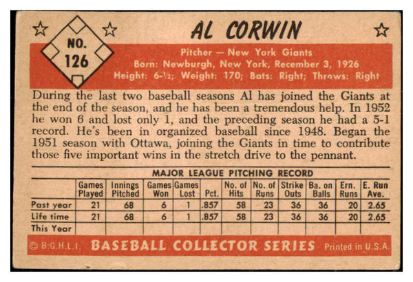 1953 Bowman Color Baseball #126 Al Corwin Giants VG-EX 477223