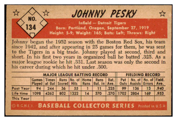 1953 Bowman Color Baseball #134 Johnny Pesky Tigers EX-MT 477263
