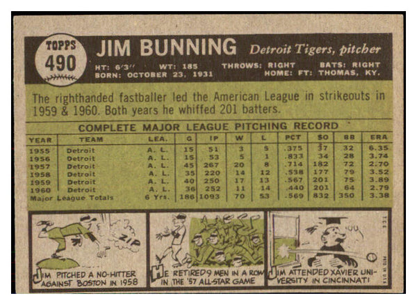1961 Topps Baseball #490 Jim Bunning Tigers EX-MT 477833