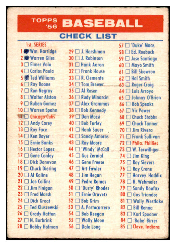 1956 Topps Baseball Checklist 1/3 FR-GD Marked 477916