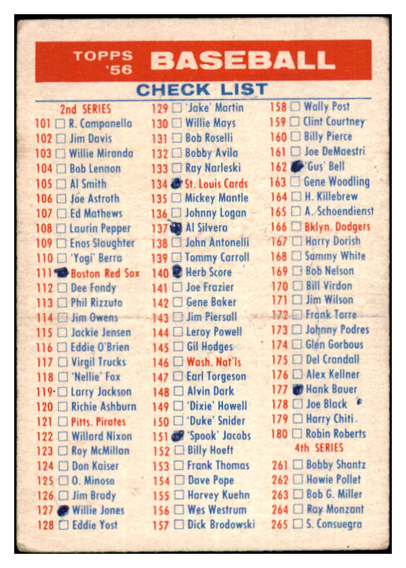 1956 Topps Baseball Checklist 2/4 GD-VG Marked 477930