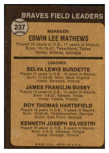 1973 Topps Baseball #237 Eddie Mathews Braves EX 478743