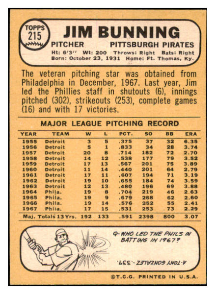 1968 Topps Baseball #215 Jim Bunning Phillies EX+/EX-MT 478810