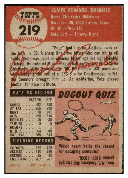 1953 Topps Baseball #219 Pete Runnels Senators EX-MT 478879