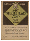 1961 Topps Baseball #475 Mickey Mantle MVP Yankees VG-EX 479126
