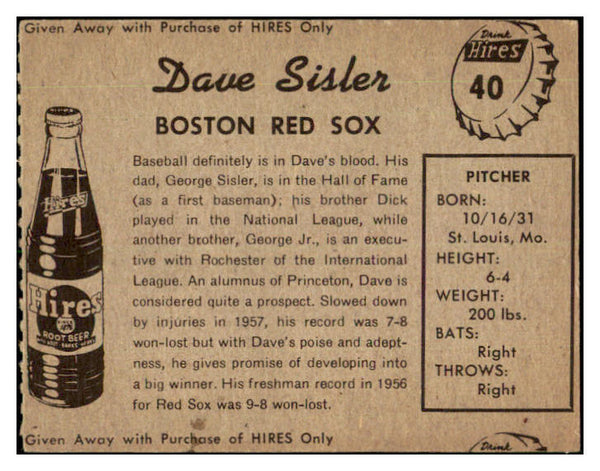 1958 Hires #040 Dave Sisler Red Sox EX-MT No Tab 479487