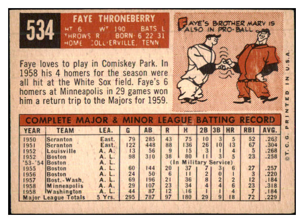 1959 Topps Baseball #534 Faye Throneberry Senators EX 480035