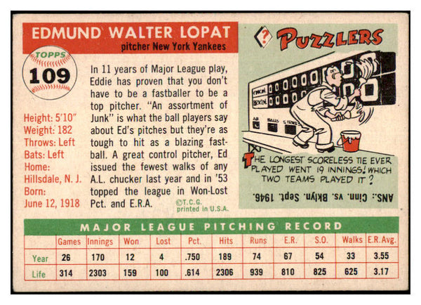 1955 Topps Baseball #109 Eddie Lopat Yankees VG-EX 480399