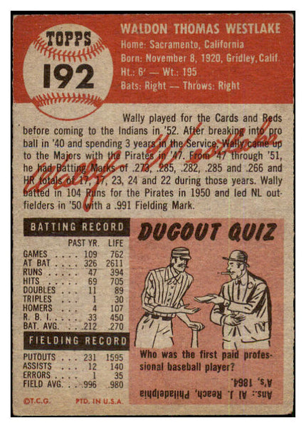 1953 Topps Baseball #192 Wally Westlake Indians VG 480514
