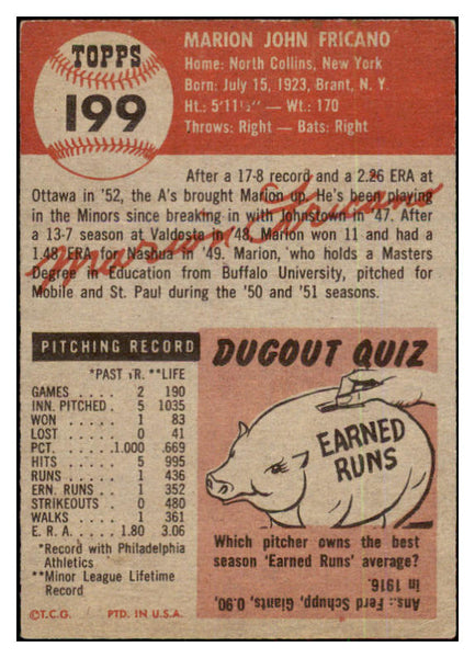 1953 Topps Baseball #199 Marion Fricano A's EX 480569