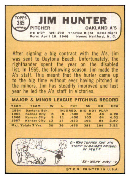 1968 Topps Baseball #385 Catfish Hunter A's NR-MT 481377