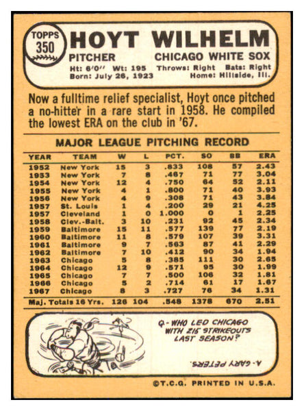 1968 Topps Baseball #350 Hoyt Wilhelm White Sox EX-MT 481409