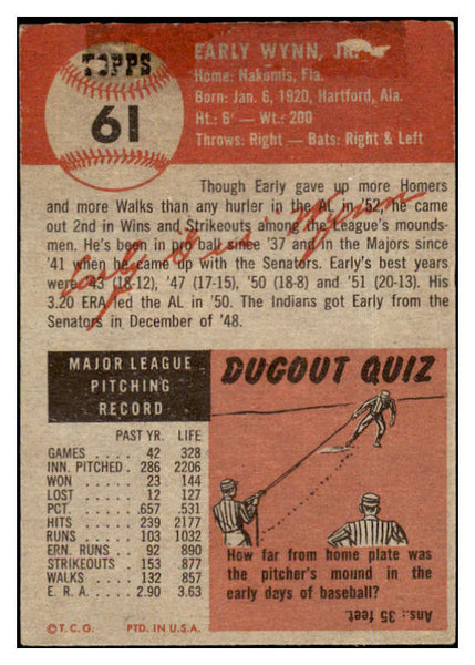 1953 Topps Baseball #061 Early Wynn Indians VG 481775