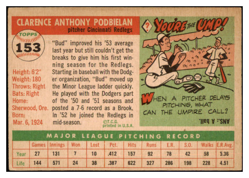 1955 Topps Baseball #153 Bud Podbielan Reds VG-EX 481826 | Kit Young Cards