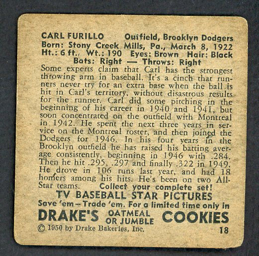 1950 Drakes #018 Carl Furillo Dodgers VG 482132