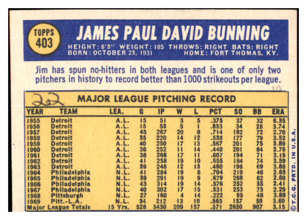1970 Topps Baseball #403 Jim Bunning Phillies EX-MT 482457