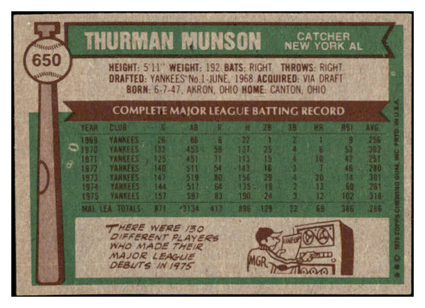 1976 Topps Baseball #650 Thurman Munson Yankees EX-MT 484157