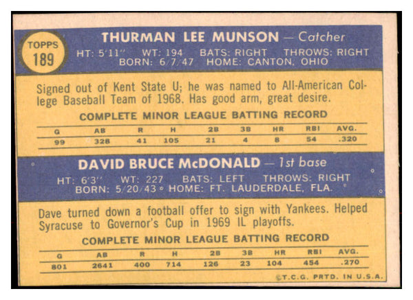 1970 Topps Baseball #189 Thurman Munson Yankees GD trimmed 484983