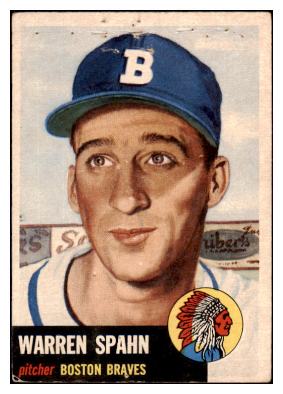 1953 Topps Baseball #147 Warren Spahn Braves PR-FR pin holes 485002
