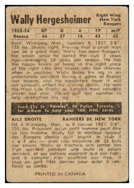 1954 Parkhurst Hockey #071 Wally Hergesheimer Rangers Good 485177