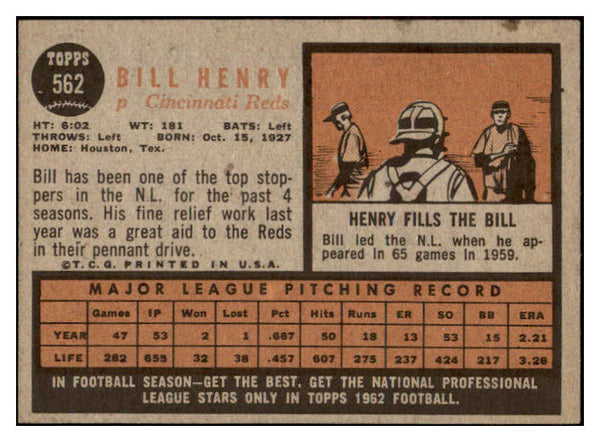 1962 Topps Baseball #562 Bill Henry Reds EX-MT 485664