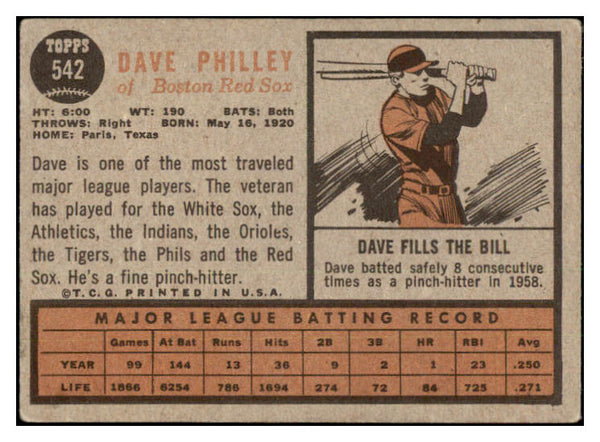 1962 Topps Baseball #542 Dave Philley Red Sox VG 485830