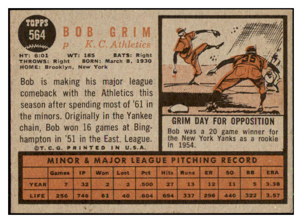 1962 Topps Baseball #564 Bob Grim A's EX-MT 486020