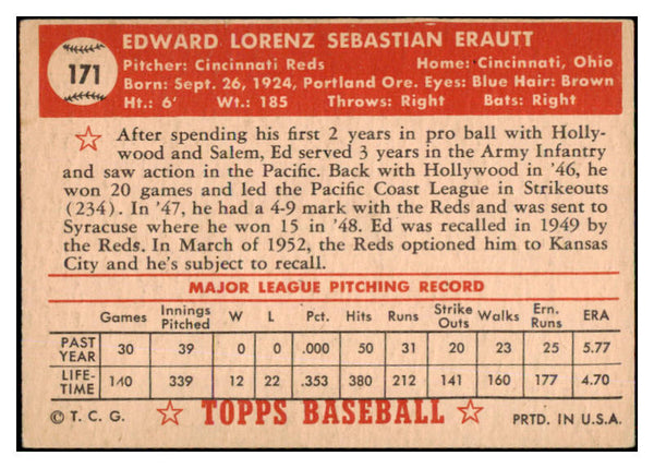 1952 Topps Baseball #171 Ed Erautt Reds EX 486240