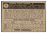 1952 Topps Baseball #074 Andy Hansen Phillies VG Black 486368