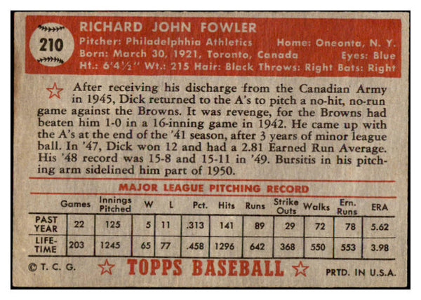 1952 Topps Baseball #210 Dick Fowler A's VG-EX 486391