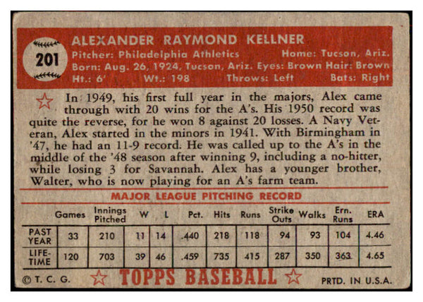 1952 Topps Baseball #201 Alex Kellner A's VG-EX 486433