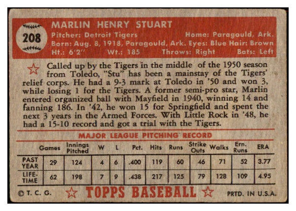 1952 Topps Baseball #208 Marlin Stuart Tigers VG-EX 486435