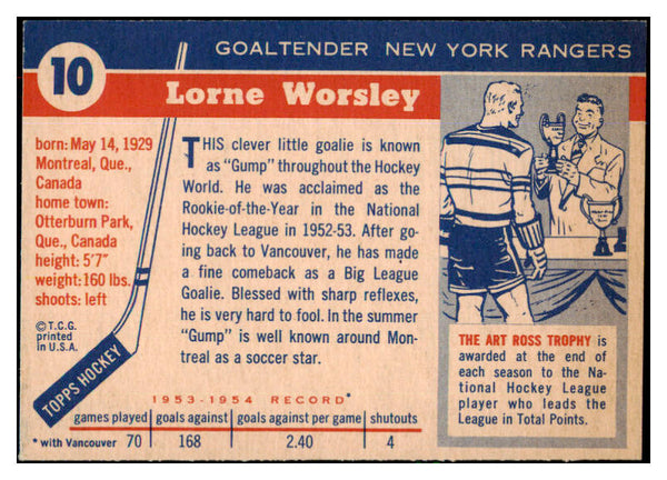 1954 Topps Hockey #010 Gump Worsley Rangers EX+ 486633