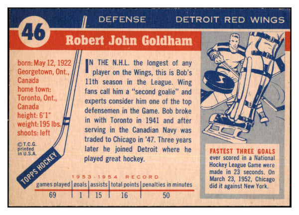 1954 Topps Hockey #046 Bob Goldham Red Wings EX-MT 486655
