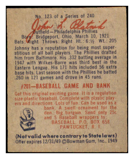1949 Bowman Baseball #123 Johnny Blatnik Phillies VG 486687