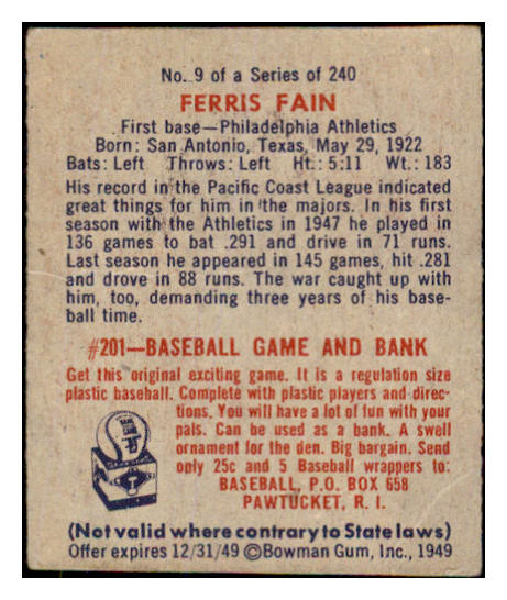 1949 Bowman Baseball #009 Ferris Fain A's VG-EX 487064