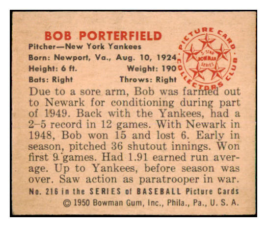 1950 Bowman Baseball #216 Bob Porterfield Yankees NR-MT 487075