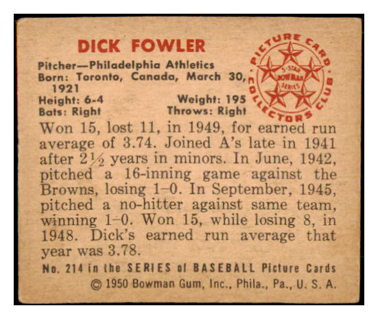 1950 Bowman Baseball #214 Dick Fowler A's EX-MT 487081
