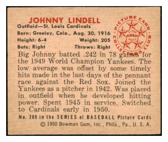 1950 Bowman Baseball #209 Johnny Lindell Cardinals EX-MT 487082