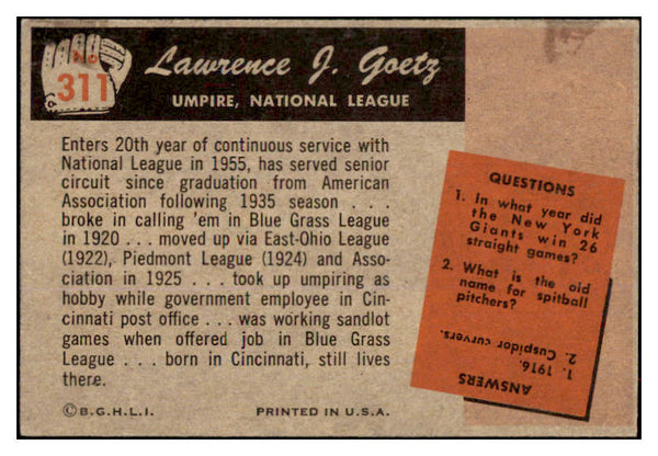 1955 Bowman Baseball #311 Larry Goetz Umpire EX+/EX-MT 487261